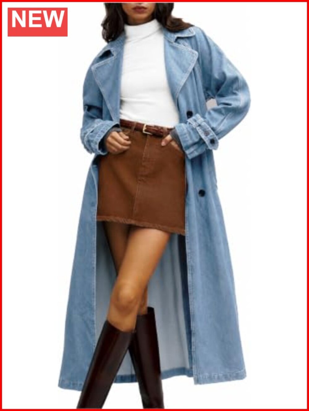 Denim Trench Coat Jean Midi Overcoat Classic Lapel Long Jacket